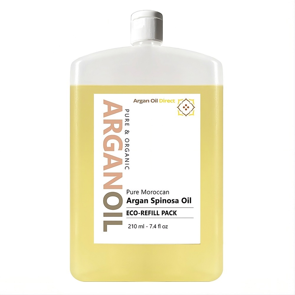 bottles of filtered, lighter argan scent argan oil for skin and hair, labeled as 210ml eco-refill packs.