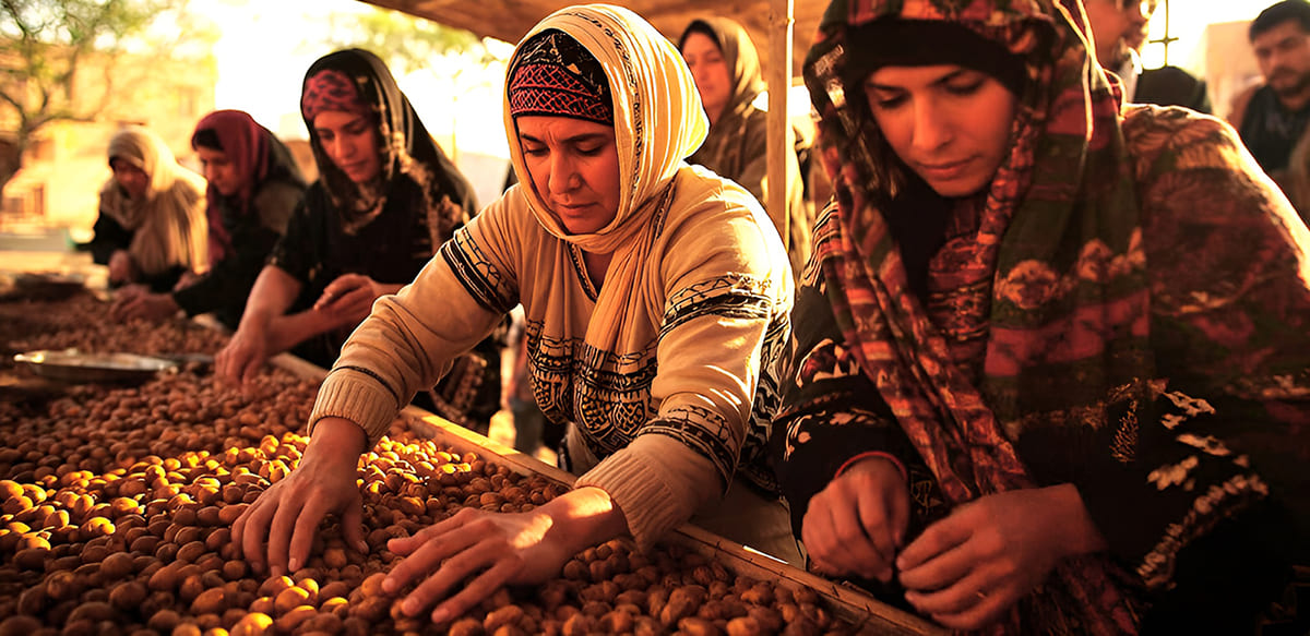 Berber women using stone to crack open hard argan nuts at a Morocco argan oil cooperative