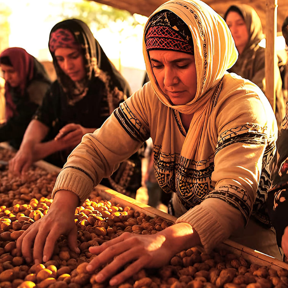 Berber women sorting dried argan fruits at a Moroccan cooperative in the Souss Valley