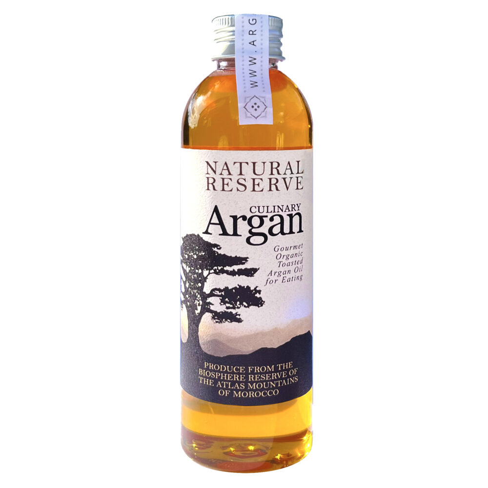 Bottle of pure culinary argan oil cold-pressed from hand-roasted kernels in the Atlas Mountains of Morocco
