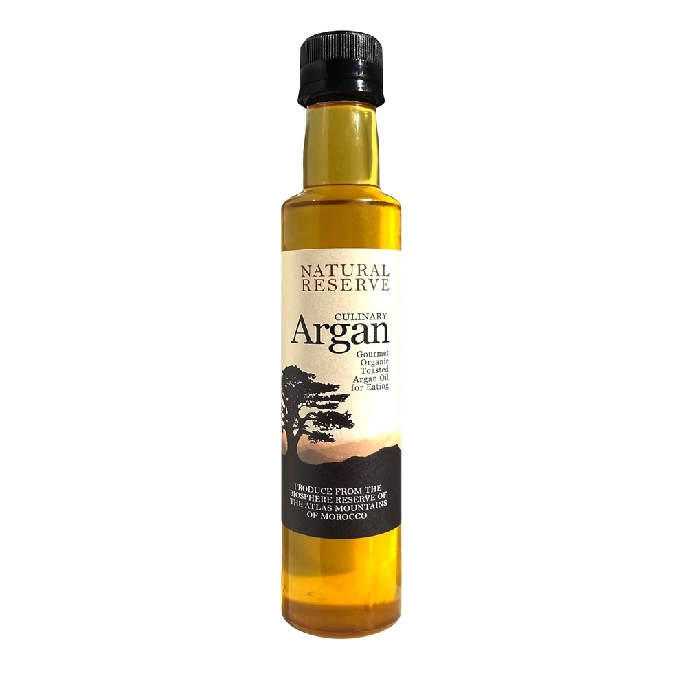 Bottle of pure culinary argan oil cold-pressed from hand-roasted kernels in the Atlas Mountains of Morocco
