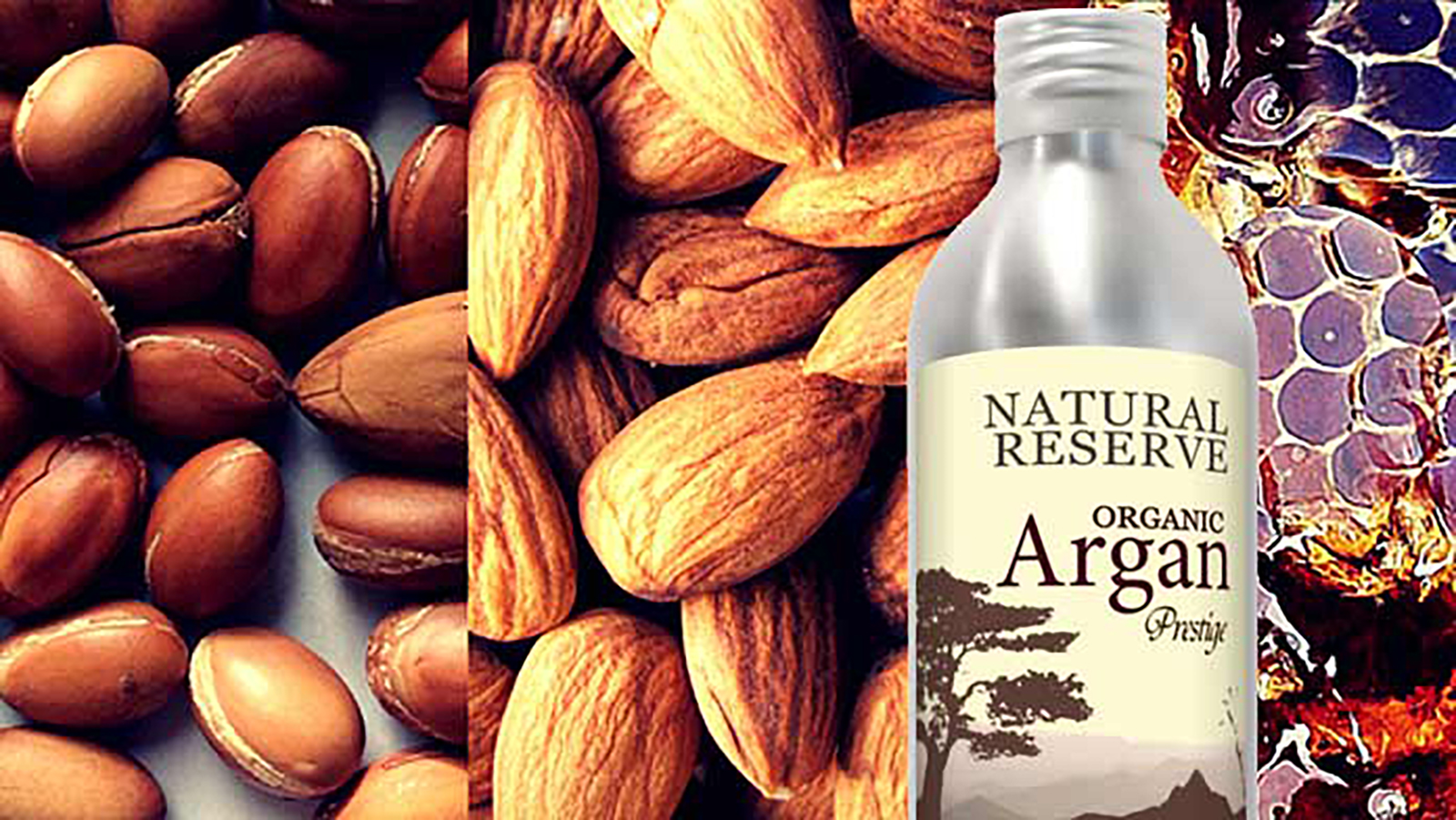 culinary argan oil bottle, nuts and honey